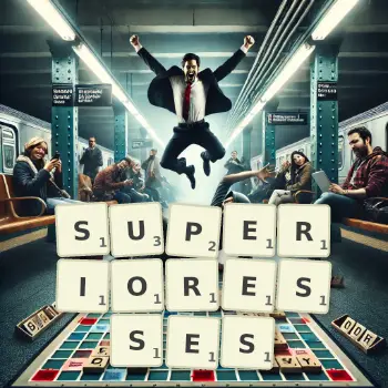 Creative illustration for a Scrabble game with the word SUPERIORESSES spelled out in tiles on the board.