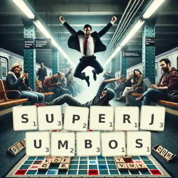 Creative illustration for a Scrabble game with the word SUPERJUMBOS spelled out in tiles on the board.