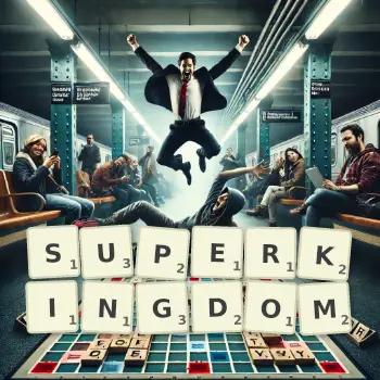 Creative illustration for a Scrabble game with the word SUPERKINGDOM spelled out in tiles on the board.