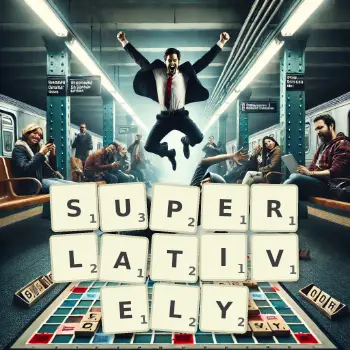 Creative illustration for a Scrabble game with the word SUPERLATIVELY spelled out in tiles on the board.