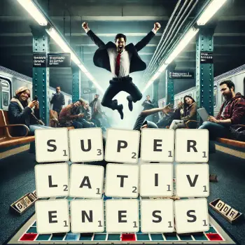 Creative illustration for a Scrabble game with the word SUPERLATIVENESS spelled out in tiles on the board.