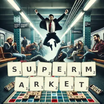 Creative illustration for a Scrabble game with the word SUPERMARKET spelled out in tiles on the board.