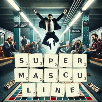Creative illustration for a Scrabble game with the word SUPERMASCULINE spelled out in tiles on the board.