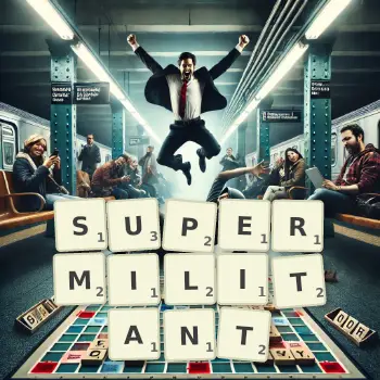 Creative illustration for a Scrabble game with the word SUPERMILITANT spelled out in tiles on the board.