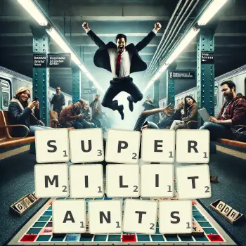 Creative illustration for a Scrabble game with the word SUPERMILITANTS spelled out in tiles on the board.