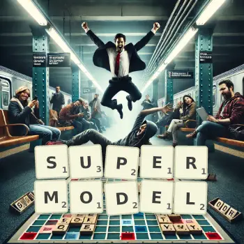 Creative illustration for a Scrabble game with the word SUPERMODEL spelled out in tiles on the board.
