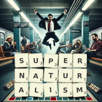 Creative illustration for a Scrabble game with the word SUPERNATURALISM spelled out in tiles on the board.
