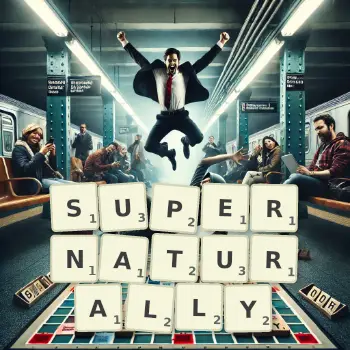 Creative illustration for a Scrabble game with the word SUPERNATURALLY spelled out in tiles on the board.