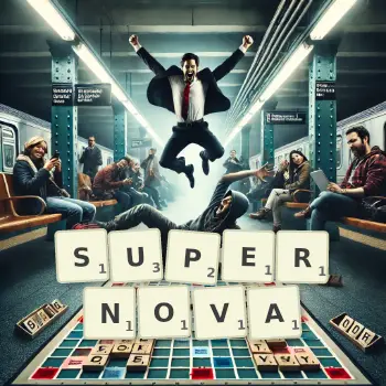 Creative illustration for a Scrabble game with the word SUPERNOVA spelled out in tiles on the board.