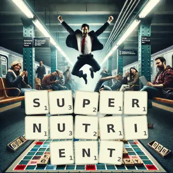 Creative illustration for a Scrabble game with the word SUPERNUTRIENT spelled out in tiles on the board.