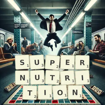 Creative illustration for a Scrabble game with the word SUPERNUTRITION spelled out in tiles on the board.