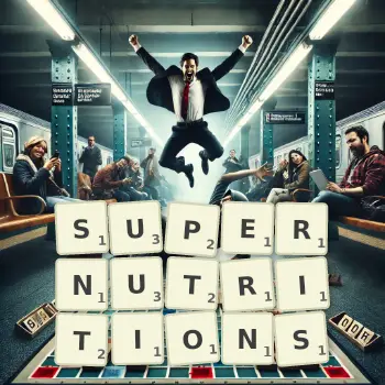 Creative illustration for a Scrabble game with the word SUPERNUTRITIONS spelled out in tiles on the board.