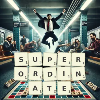 Creative illustration for a Scrabble game with the word SUPERORDINATE spelled out in tiles on the board.