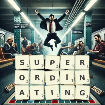 Creative illustration for a Scrabble game with the word SUPERORDINATING spelled out in tiles on the board.