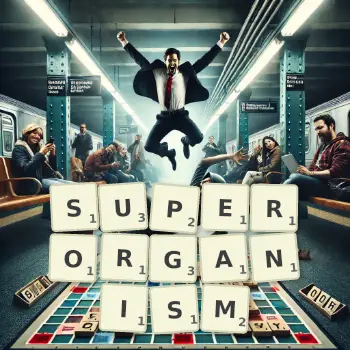 Creative illustration for a Scrabble game with the word SUPERORGANISM spelled out in tiles on the board.