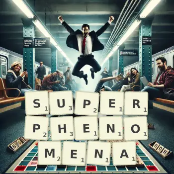 Creative illustration for a Scrabble game with the word SUPERPHENOMENA spelled out in tiles on the board.
