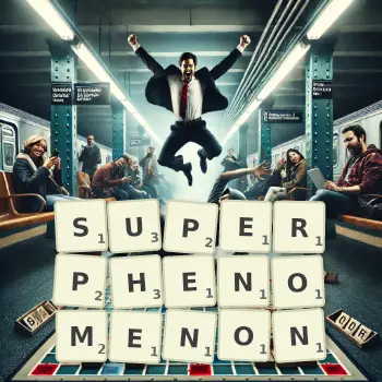 Creative illustration for a Scrabble game with the word SUPERPHENOMENON spelled out in tiles on the board.