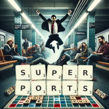 Creative illustration for a Scrabble game with the word SUPERPORTS spelled out in tiles on the board.