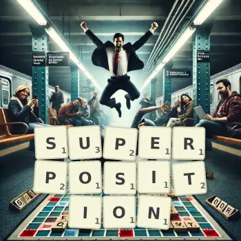 Creative illustration for a Scrabble game with the word SUPERPOSITION spelled out in tiles on the board.