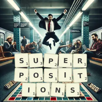 Creative illustration for a Scrabble game with the word SUPERPOSITIONS spelled out in tiles on the board.