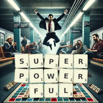 Creative illustration for a Scrabble game with the word SUPERPOWERFUL spelled out in tiles on the board.