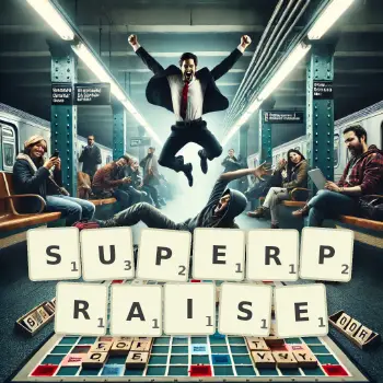 Creative illustration for a Scrabble game with the word SUPERPRAISE spelled out in tiles on the board.