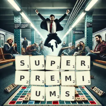 Creative illustration for a Scrabble game with the word SUPERPREMIUMS spelled out in tiles on the board.