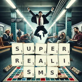 Creative illustration for a Scrabble game with the word SUPERREALISMS spelled out in tiles on the board.