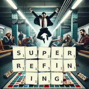 Creative illustration for a Scrabble game with the word SUPERREFINING spelled out in tiles on the board.