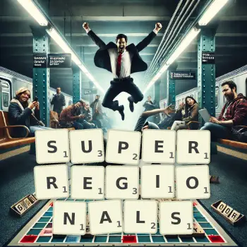 Creative illustration for a Scrabble game with the word SUPERREGIONALS spelled out in tiles on the board.