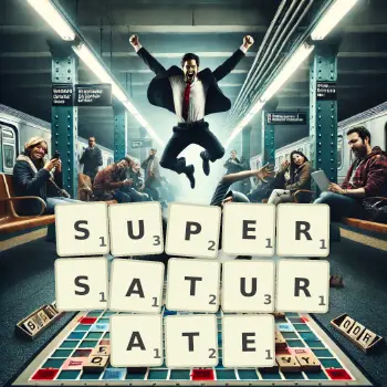 Creative illustration for a Scrabble game with the word SUPERSATURATE spelled out in tiles on the board.