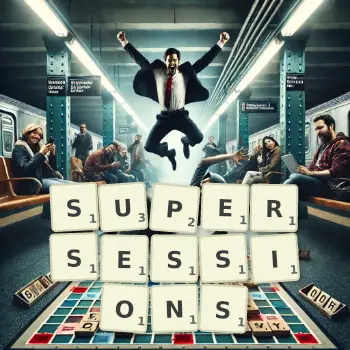 Creative illustration for a Scrabble game with the word SUPERSESSIONS spelled out in tiles on the board.