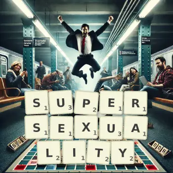 Creative illustration for a Scrabble game with the word SUPERSEXUALITY spelled out in tiles on the board.