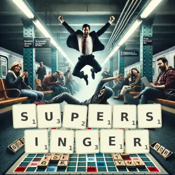 Creative illustration for a Scrabble game with the word SUPERSINGER spelled out in tiles on the board.