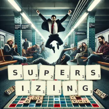 Creative illustration for a Scrabble game with the word SUPERSIZING spelled out in tiles on the board.