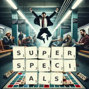 Creative illustration for a Scrabble game with the word SUPERSPECIALS spelled out in tiles on the board.