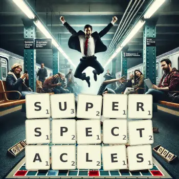Creative illustration for a Scrabble game with the word SUPERSPECTACLES spelled out in tiles on the board.