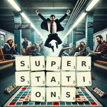 Creative illustration for a Scrabble game with the word SUPERSTATIONS spelled out in tiles on the board.