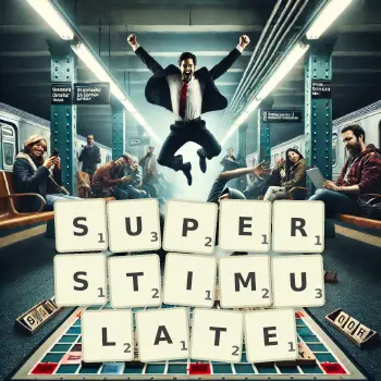Creative illustration for a Scrabble game with the word SUPERSTIMULATE spelled out in tiles on the board.