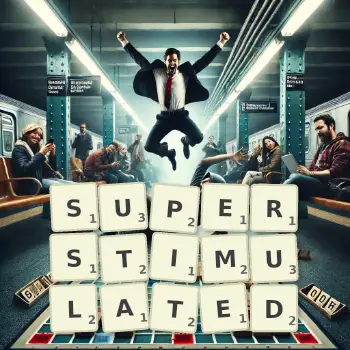Creative illustration for a Scrabble game with the word SUPERSTIMULATED spelled out in tiles on the board.
