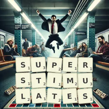 Creative illustration for a Scrabble game with the word SUPERSTIMULATES spelled out in tiles on the board.