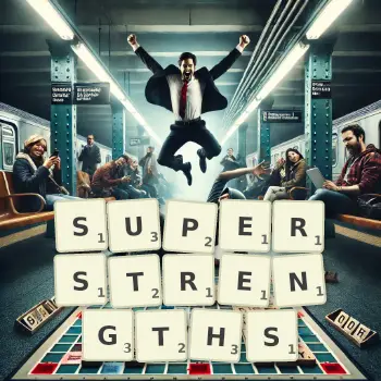 Creative illustration for a Scrabble game with the word SUPERSTRENGTHS spelled out in tiles on the board.