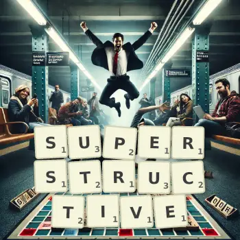 Creative illustration for a Scrabble game with the word SUPERSTRUCTIVE spelled out in tiles on the board.