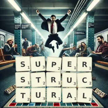 Creative illustration for a Scrabble game with the word SUPERSTRUCTURAL spelled out in tiles on the board.