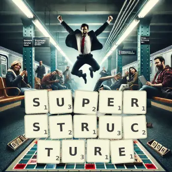 Creative illustration for a Scrabble game with the word SUPERSTRUCTURE spelled out in tiles on the board.