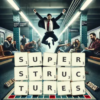 Creative illustration for a Scrabble game with the word SUPERSTRUCTURES spelled out in tiles on the board.