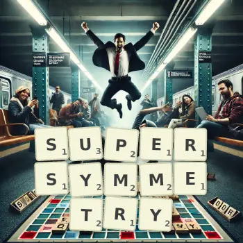 Creative illustration for a Scrabble game with the word SUPERSYMMETRY spelled out in tiles on the board.