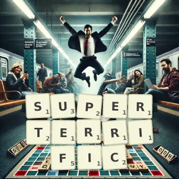 Creative illustration for a Scrabble game with the word SUPERTERRIFIC spelled out in tiles on the board.
