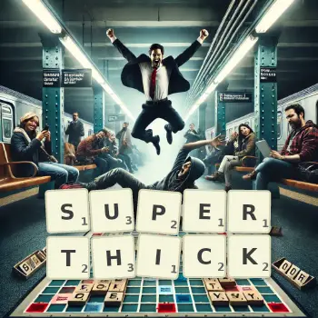Creative illustration for a Scrabble game with the word SUPERTHICK spelled out in tiles on the board.