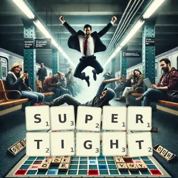 Creative illustration for a Scrabble game with the word SUPERTIGHT spelled out in tiles on the board.